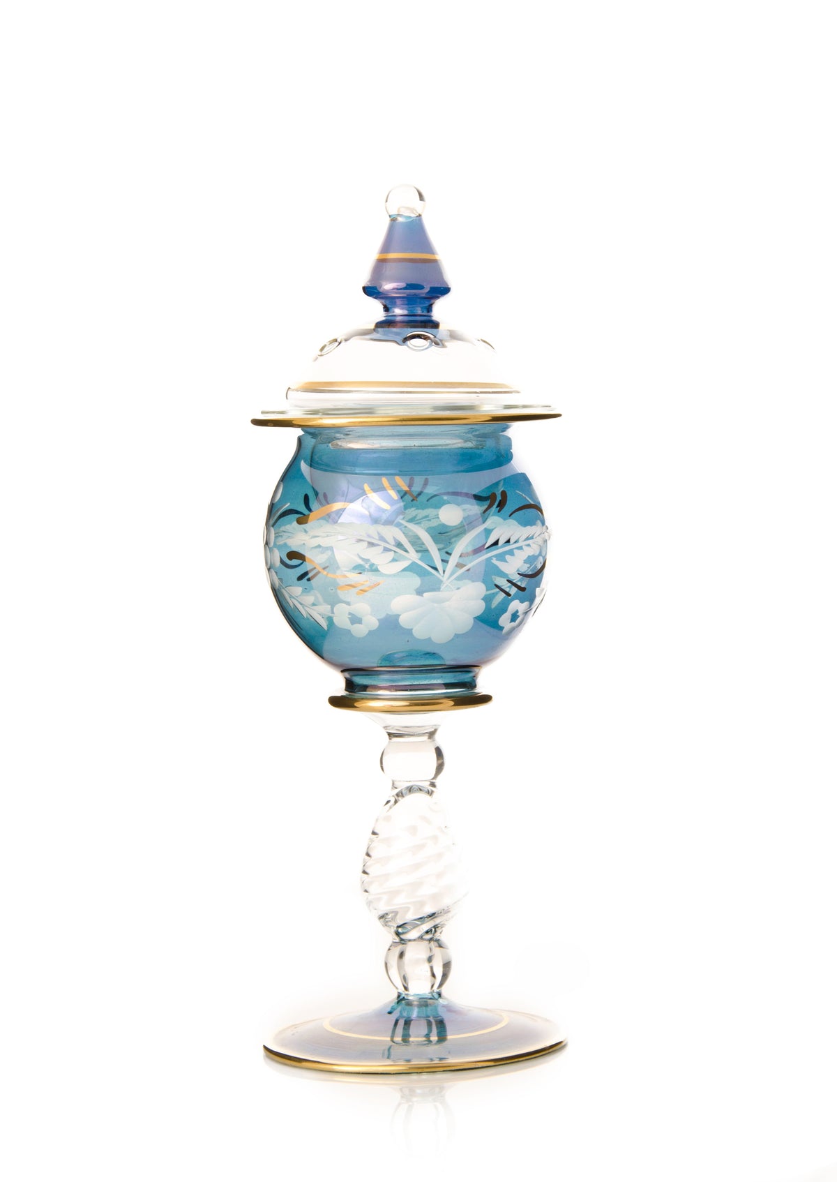 Rawda lidded hand-blown Egyptian glass mabkhara with engraved blossoms on a crystal stem, Model 103, 25 cm