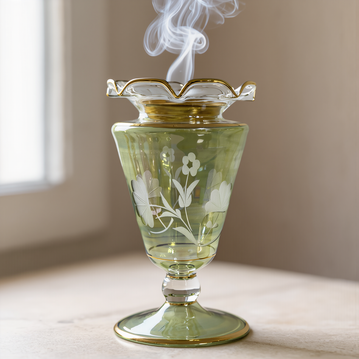 Taj blossom glass mabkhara, Model 123 — on a majlis console, Ramadan setting