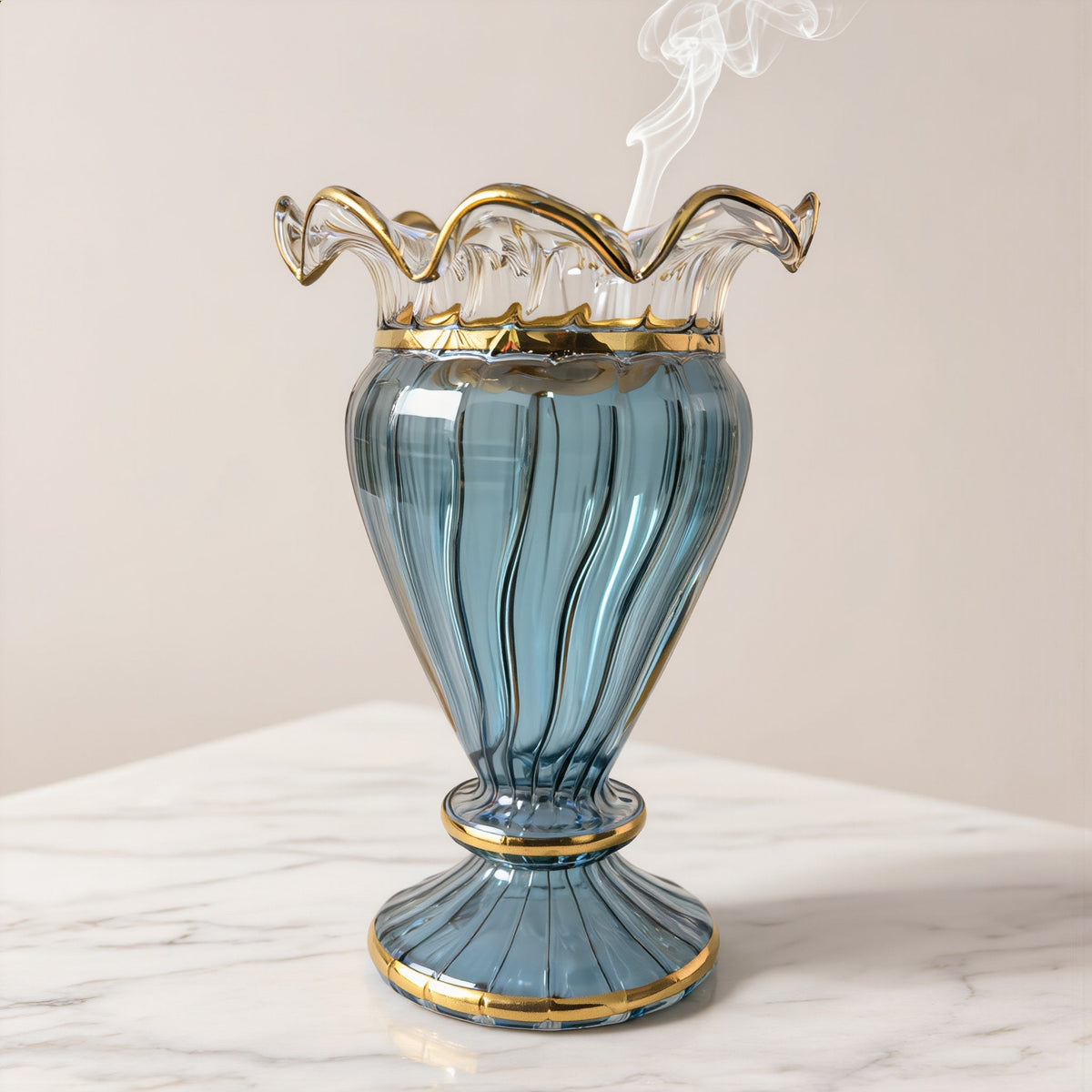 Lahab hand-blown Egyptian glass mabkhara in blue, ribbed flame cup with ruffled gold rim, Model 143, 18 cm