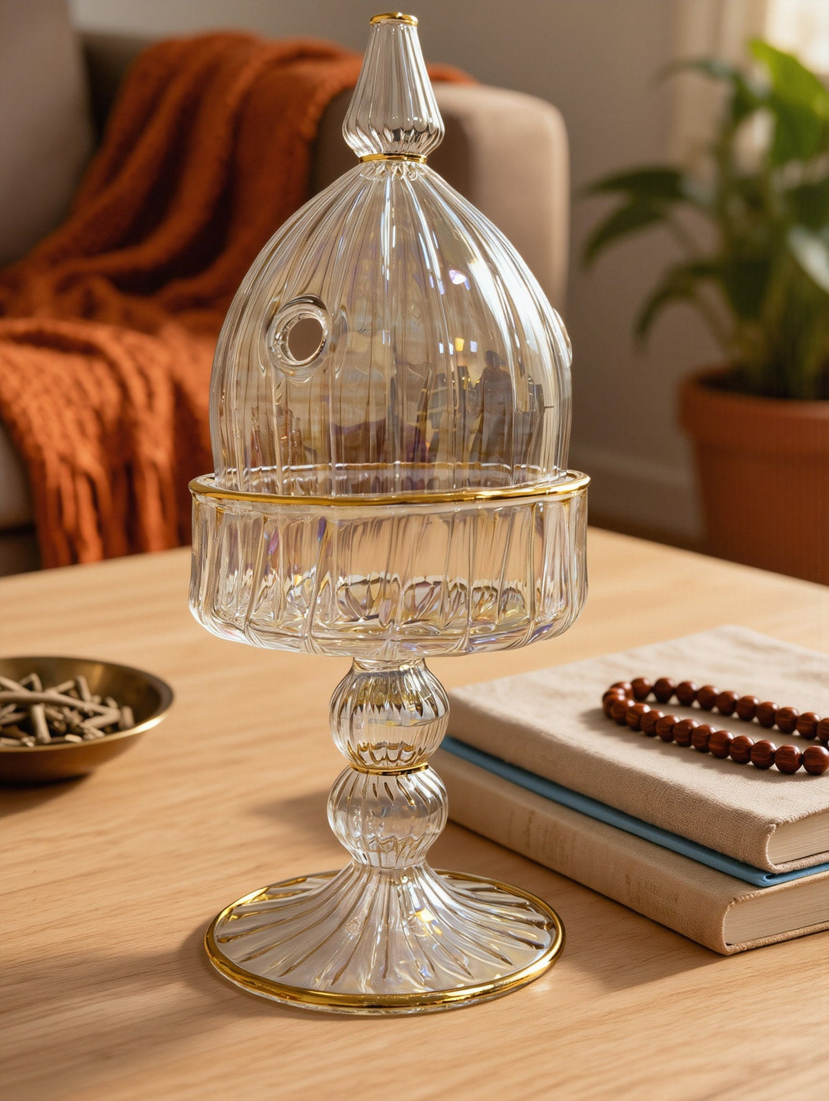 Qubba domed hand-blown Egyptian glass mabkhara with ribbed dome lid and 24K gold rims, Model 144 — front view