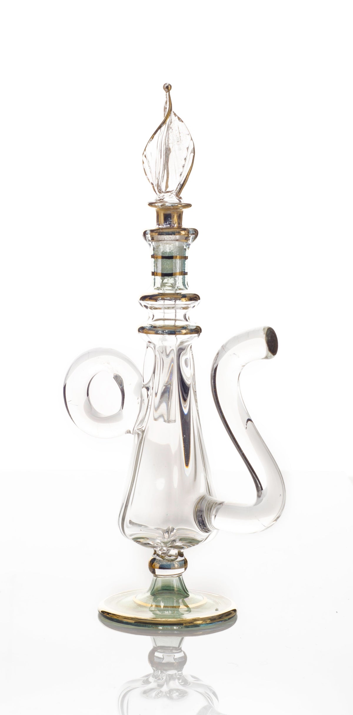 Ibriq mouth-blown Egyptian glass pitcher decanter with gilded neck and handle, Model 89, made in Cairo
