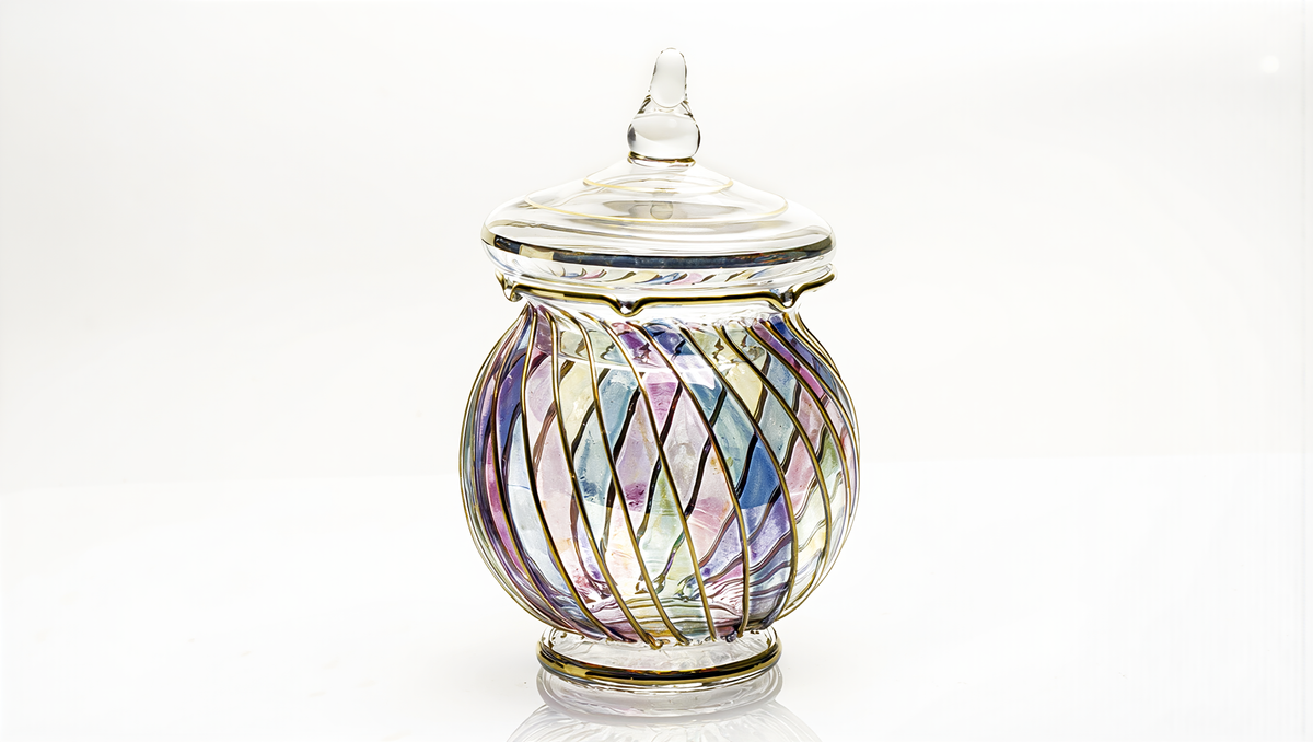 Egyptian Glass Bakhoor & Candy Jar — Nawwar · Etched Blossom with Ruffled Gold Rim, Lidded (Model 213)