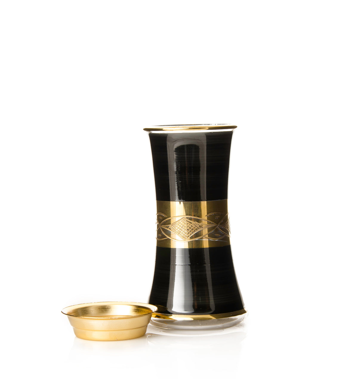 Sahara hand-blown Egyptian glass mabkhara, straight cup with engraved gold band and brass tray, Model 98, 20 cm