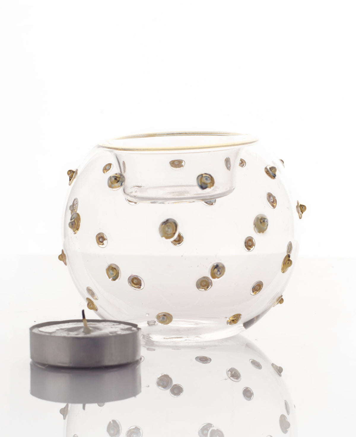 Egyptian Glass Tealight Holder — Thurayya · Beaded Sphere with 24K Gold Dots, approx. 10 cm (Model 158)