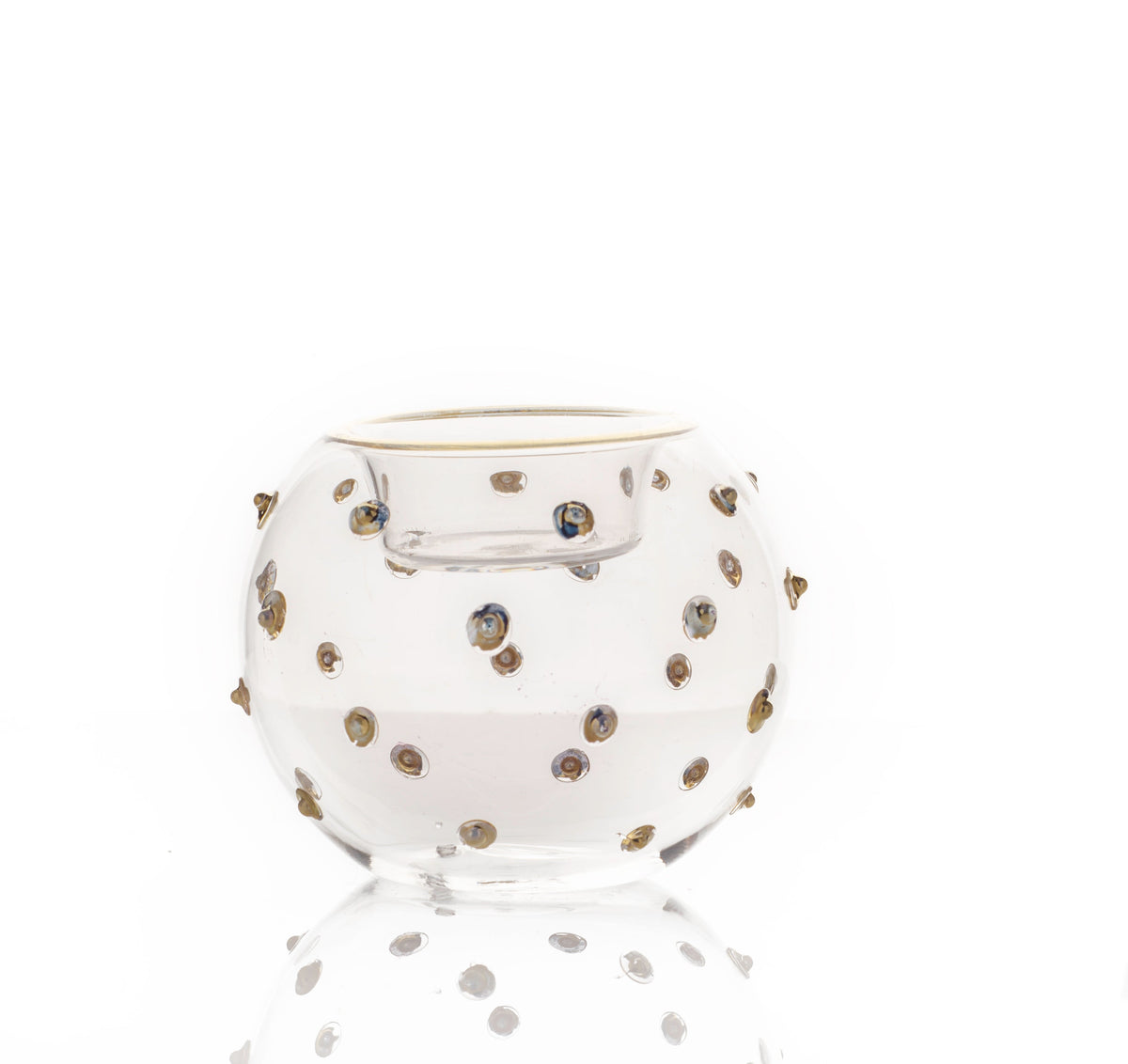 Egyptian Glass Tealight Holder — Thurayya · Beaded Sphere with 24K Gold Dots, approx. 10 cm (Model 158)