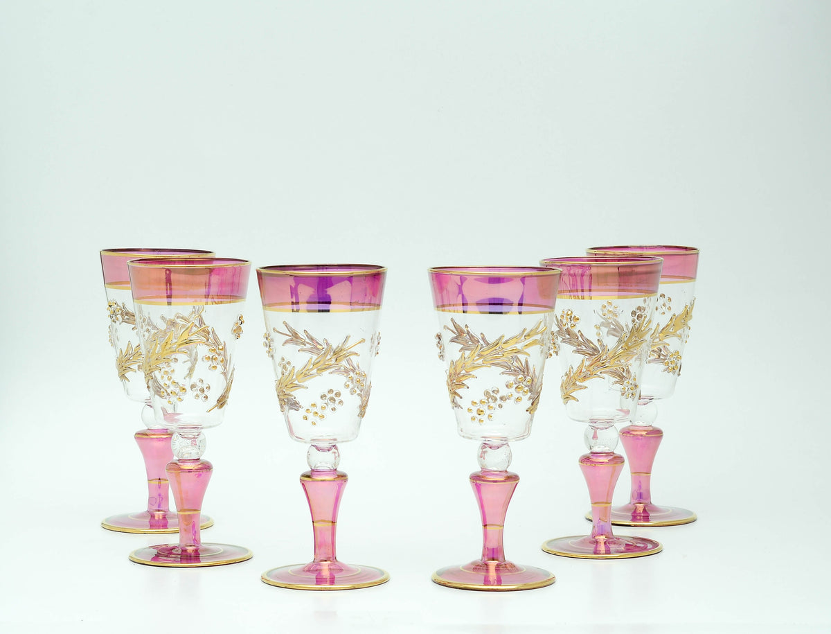 Ghusn magenta glass goblets with gold vine, hand-blown in Cairo