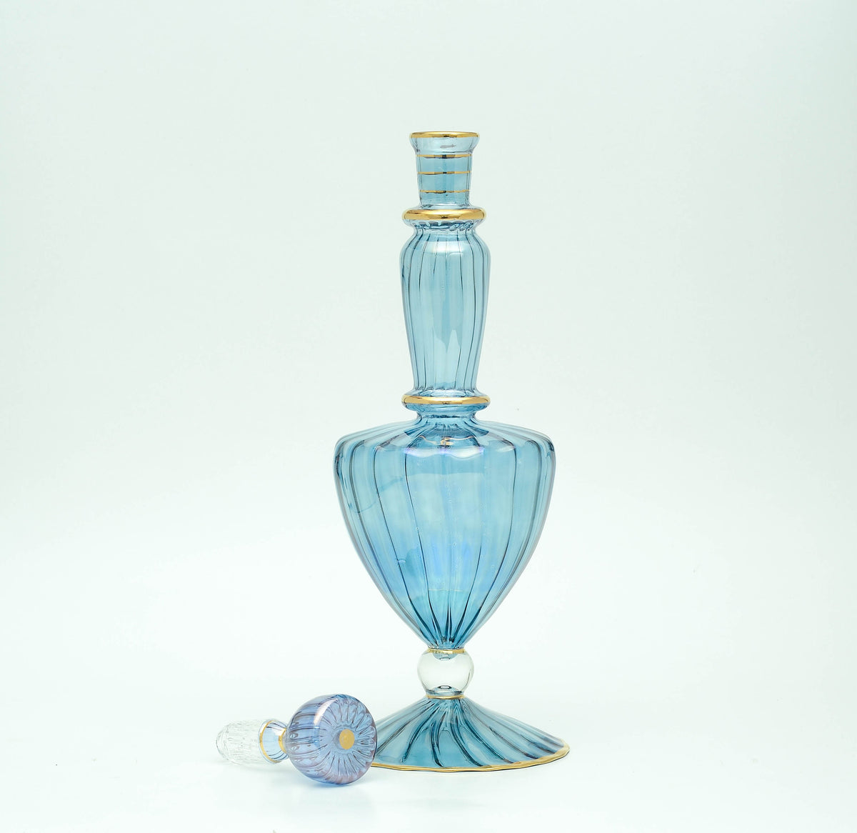 Nil blue ribbed glass decanter with flower stopper, hand-blown in Egypt