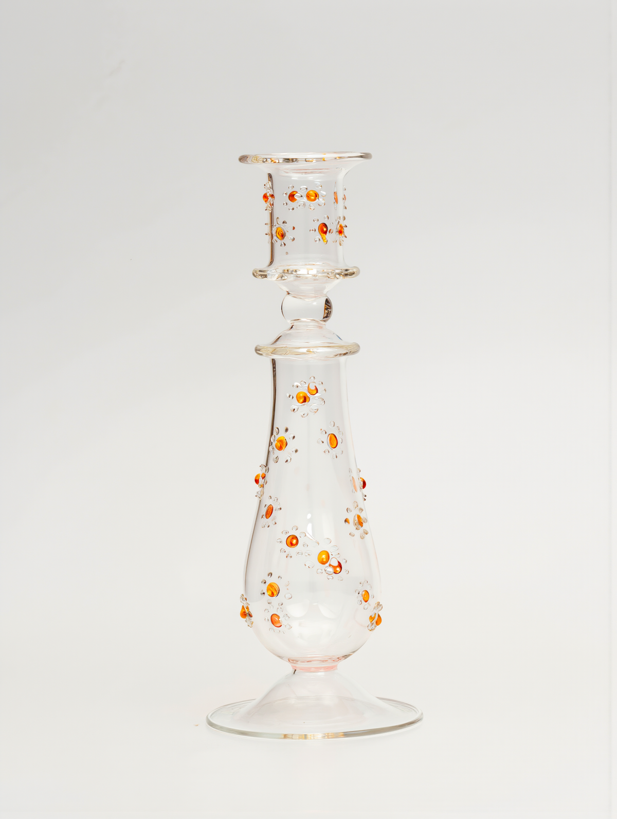 Margherita hand-blown glass taper candlestick, clear with orange daisies, Candela C03 — Grand Bazaar Egypt