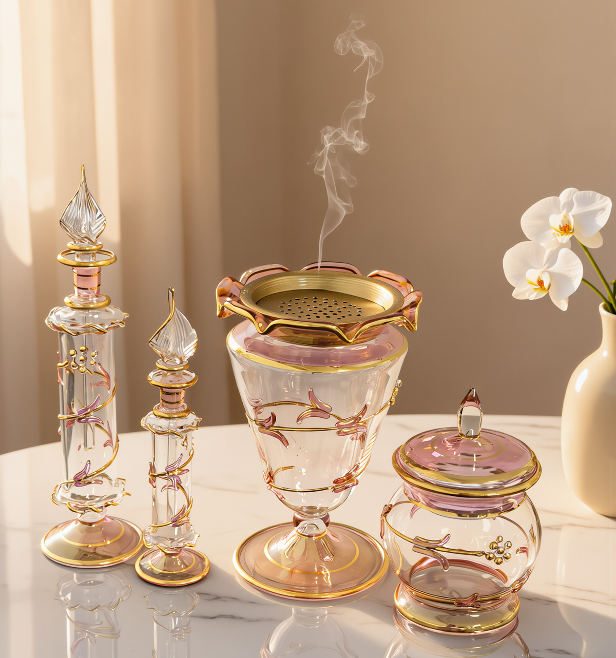 Ward rose glass bakhoor set — majlis setting