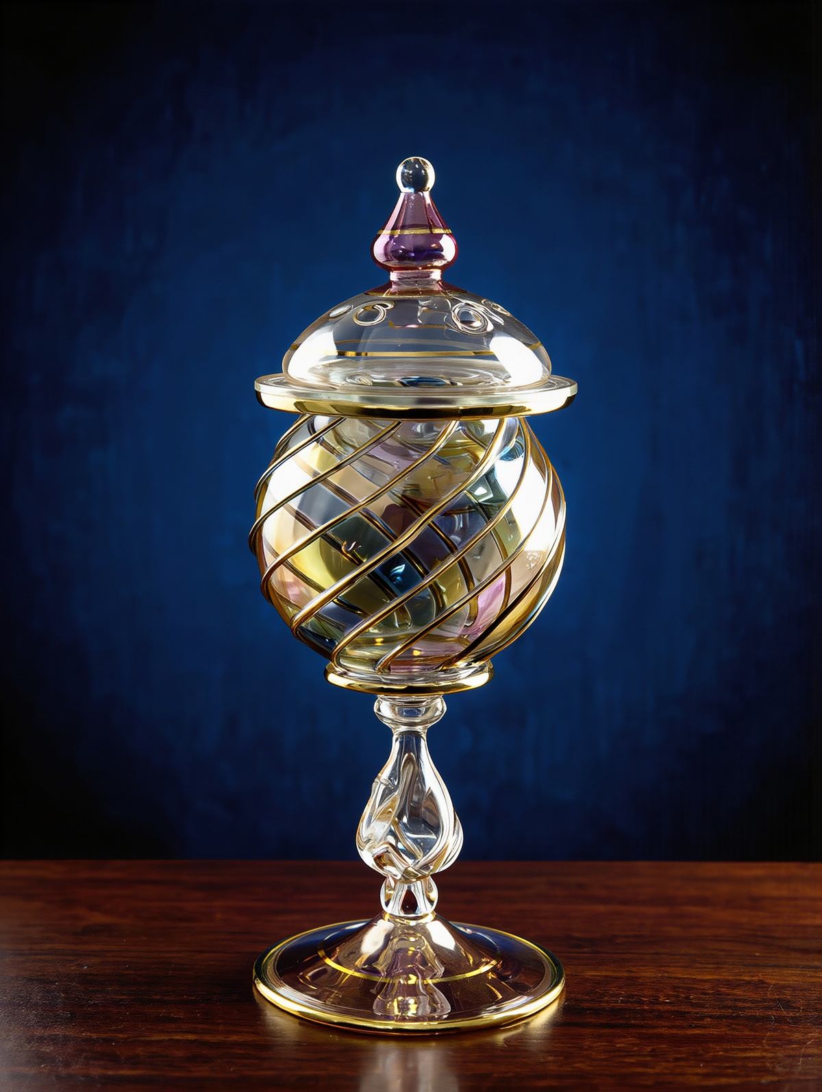 Mabkhara en verre égyptien — Mashrabiya · à couvercle, résille d’or sur pied en cristal, 25 cm (modèle 102)