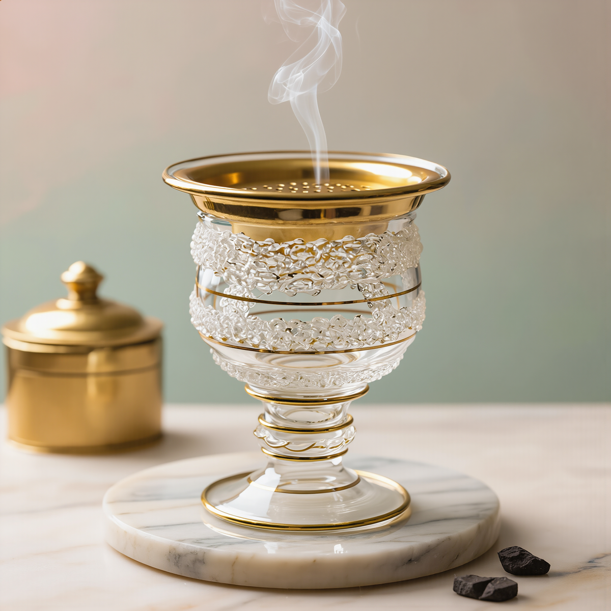 Egyptian Glass Mabkhara — Thalj · Ice-Crackle Bands with Perforated Gold Tray (Model 155)