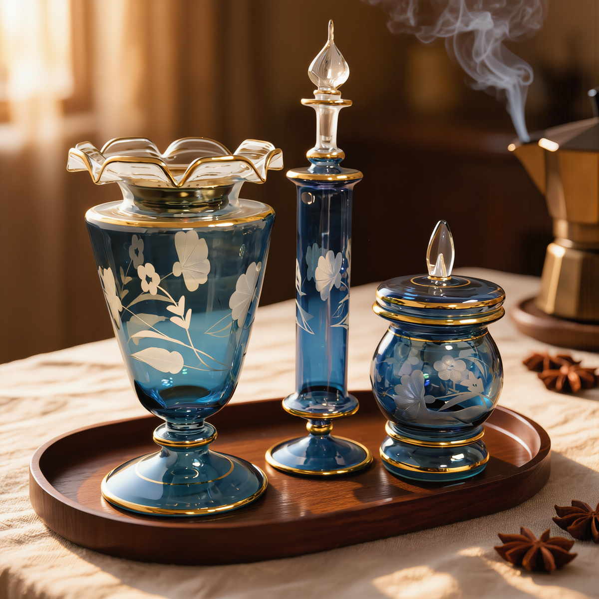 Etched Mabkhara Set — Mabkhara, Perfume Bottle & Bakhoor Jar, Rose or Blue (Set 11)