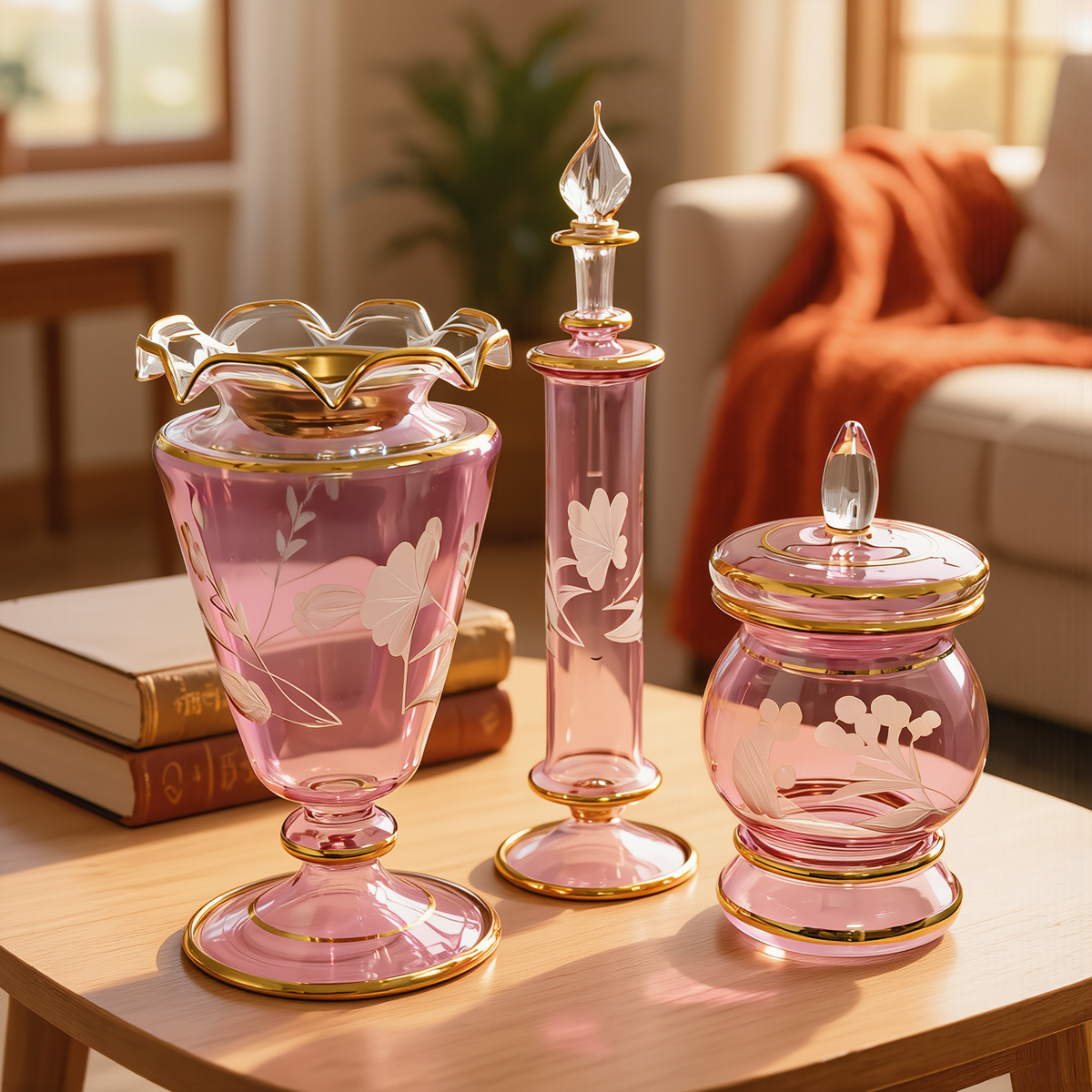 Etched Mabkhara Set — Mabkhara, Perfume Bottle & Bakhoor Jar, Rose or Blue (Set 11)