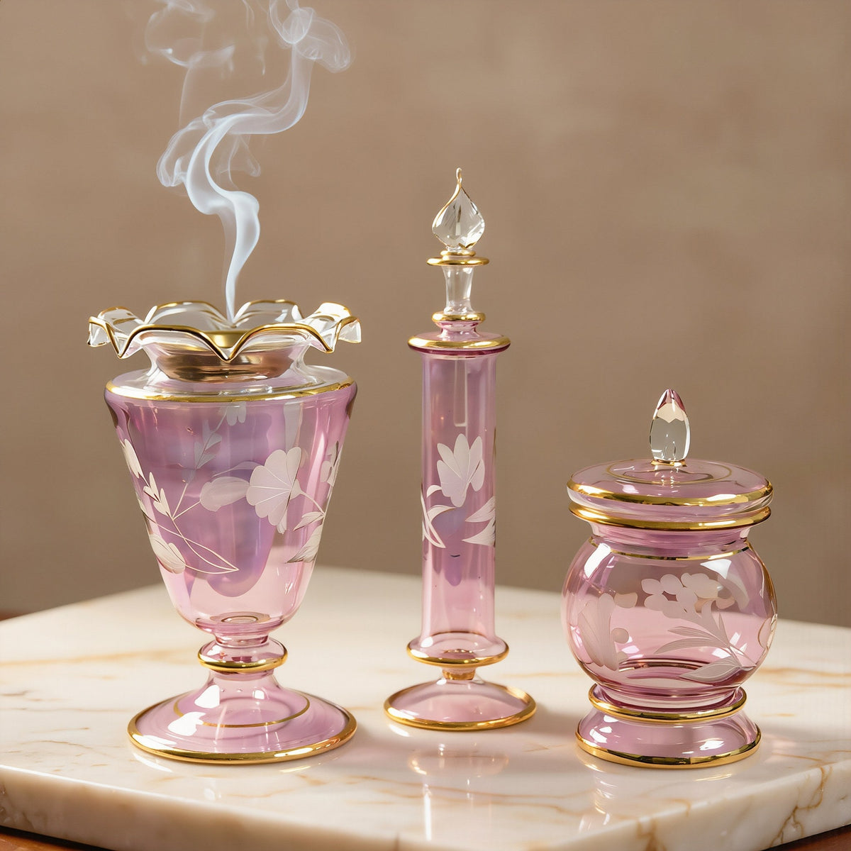 Naqsh three-piece etched glass bakhoor set — mabkhara, bakhoor jar and perfume bottle, sample set