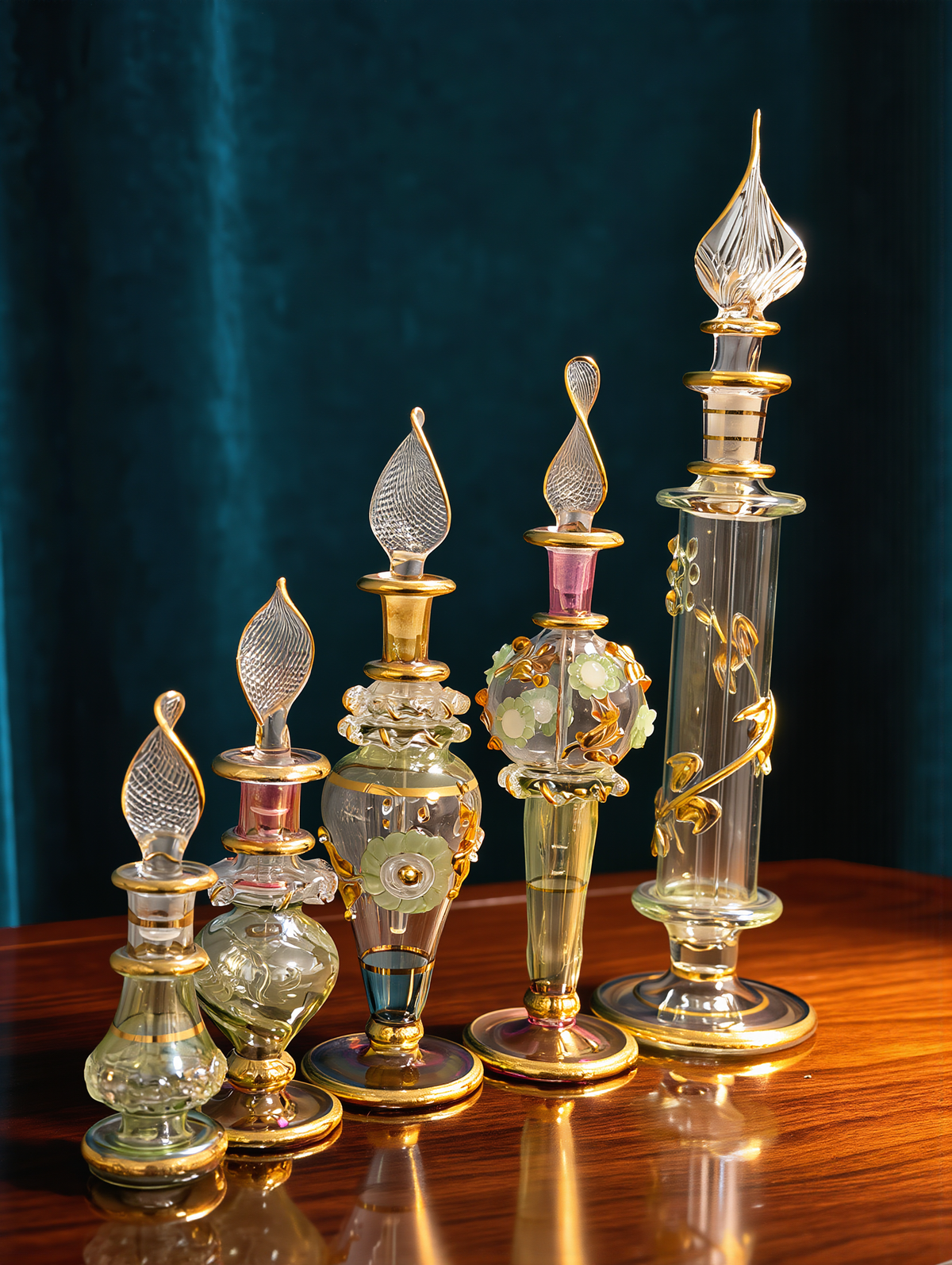 Hand-blown Egyptian glass perfume bottles with 24K gold