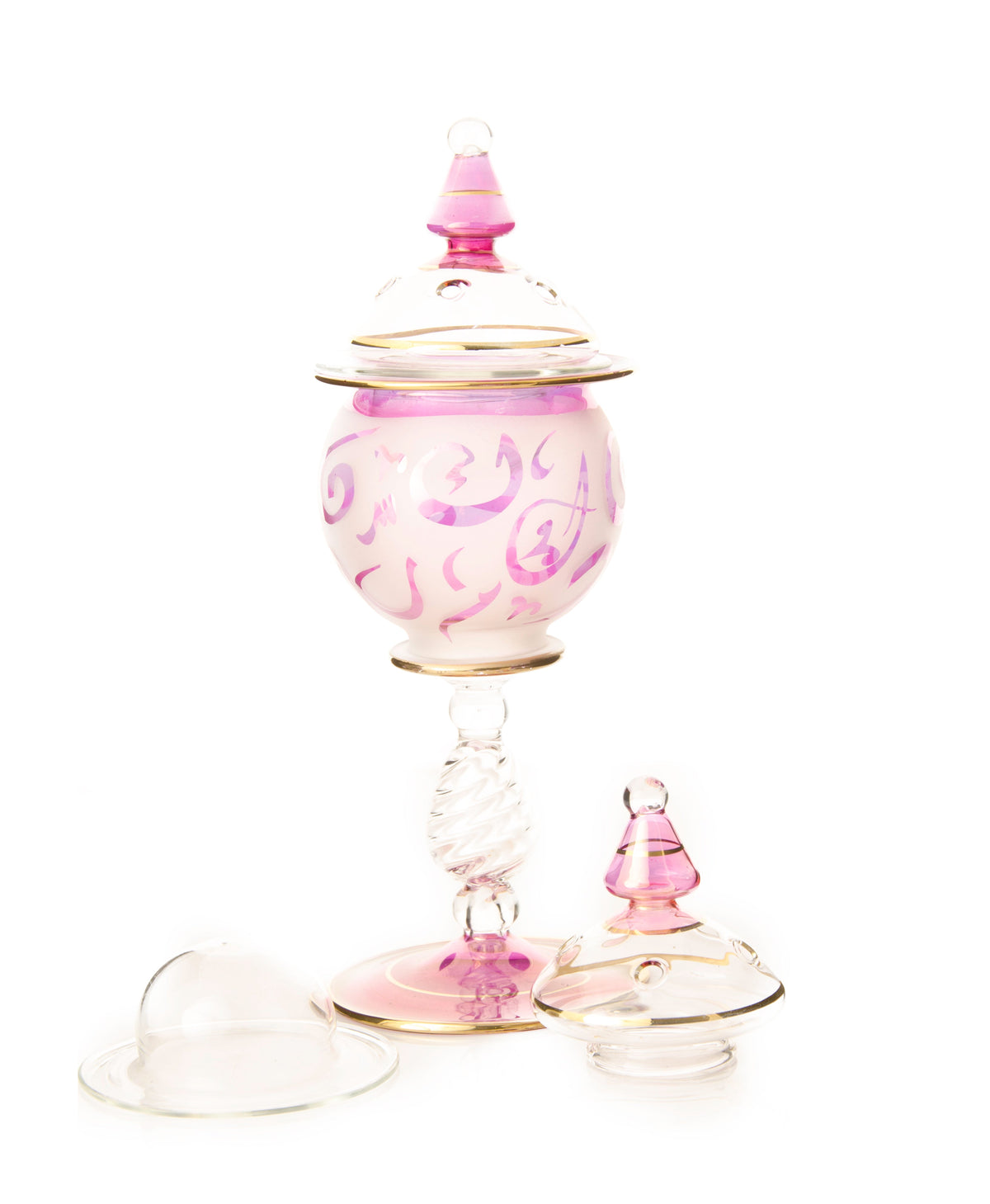 Sukkar lidded hand-blown Egyptian glass bakhoor jar on a crystal stem, hand-painted 24K gold, Model 100, 25 cm