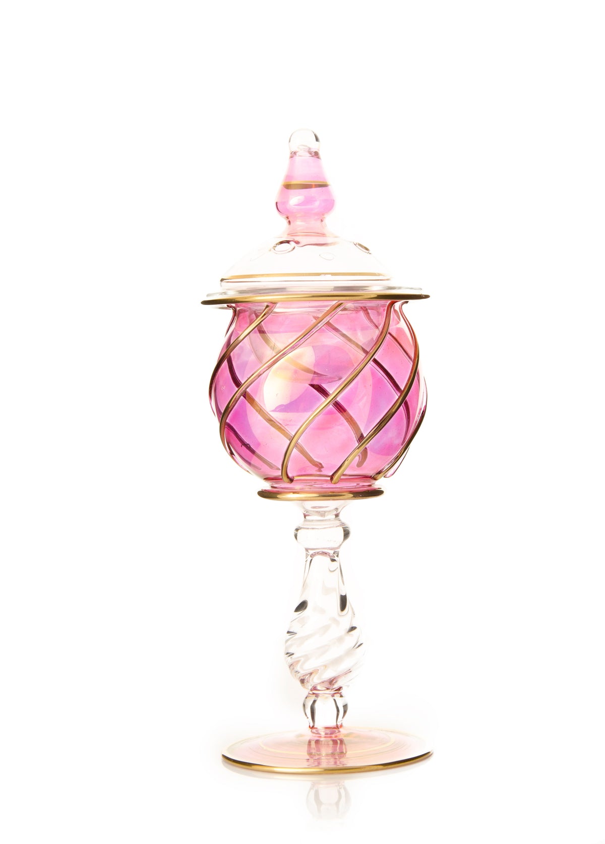 Mashrabiya lidded hand-blown Egyptian glass mabkhara with 24K gold lattice on a crystal stem, Model 102, 25 cm