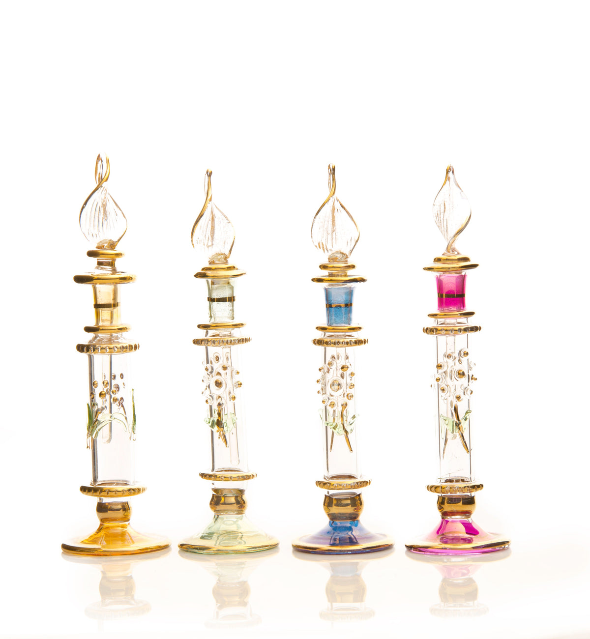 Alf Mabrouk wedding favors — mini hand-blown Egyptian glass perfume bottles with gold detail