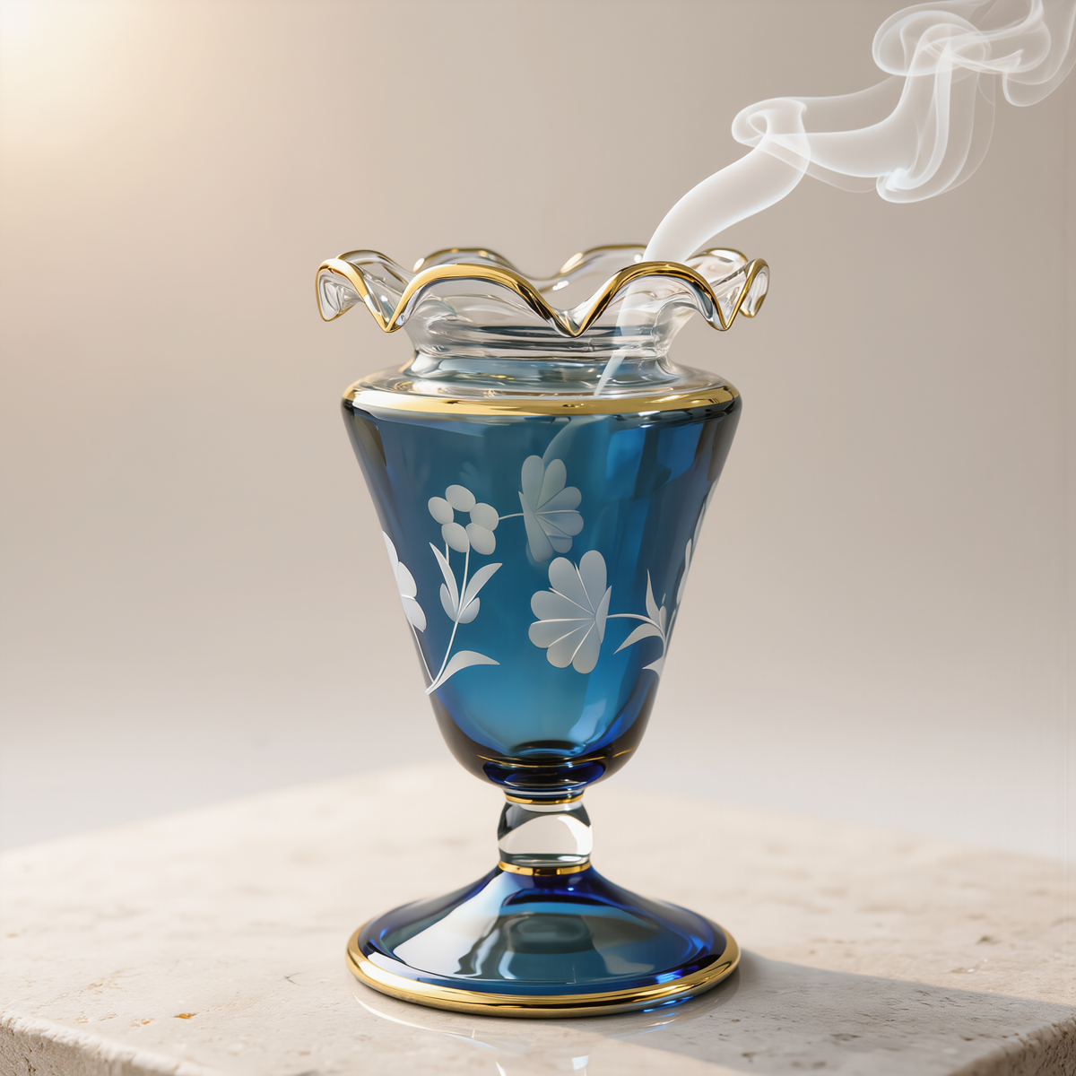 Taj hand-blown Egyptian glass mabkhara with frosted blossom engraving and ruffled 24K gold collar, Model 123, 20 cm