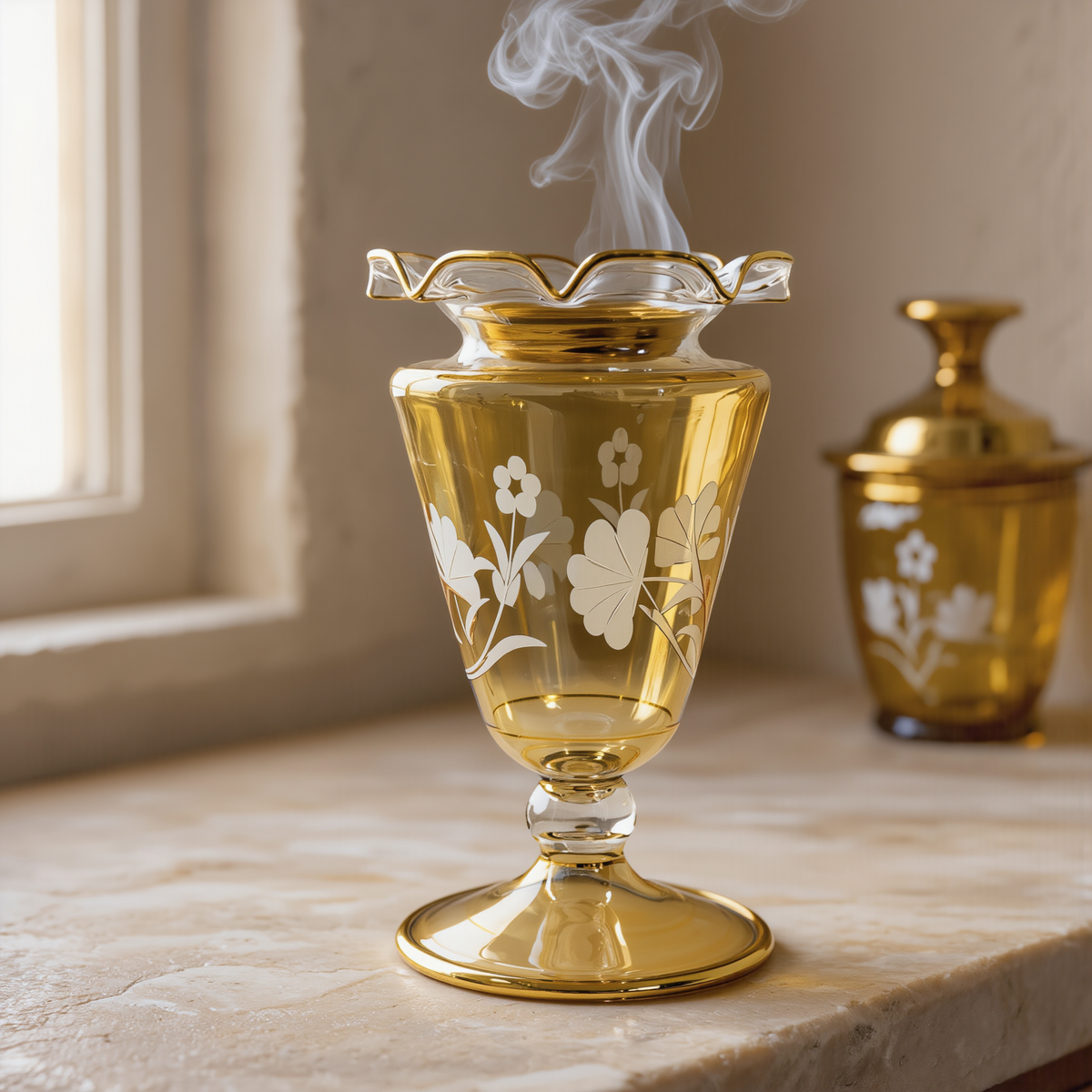 Taj blossom glass mabkhara, Model 123 — bakhoor smoke rising through the ruffled gold collar