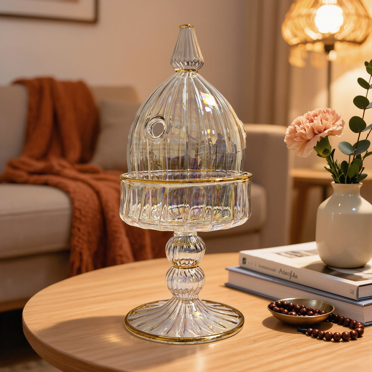 Qubba domed glass mabkhara, Model 144 — on a coffee table