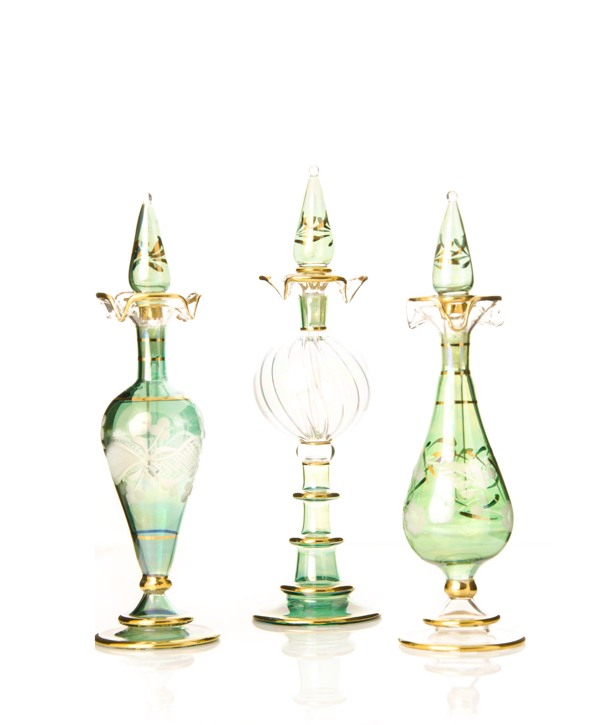 Jihaz bride’s set — engraved Egyptian glass perfume bottles for the dressing table