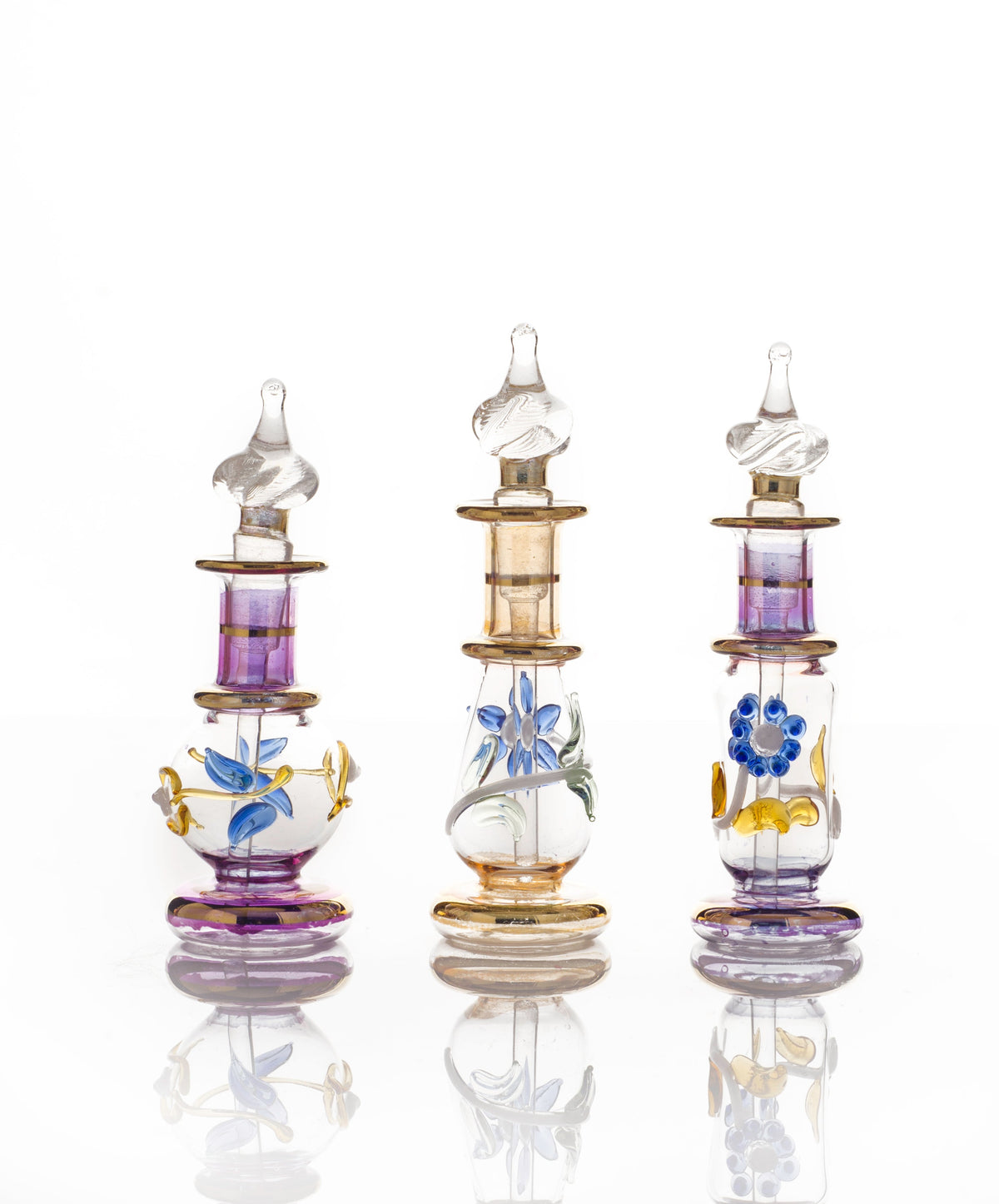 Lotus Hand-Painted Floral — hand-blown Egyptian glass perfume bottle, Model 04, wholesale from Cairo