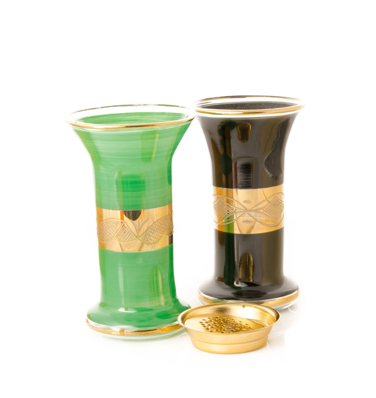 Wahaj hand-blown Egyptian glass mabkhara with engraved gold band and brass charcoal tray, Model 95, 20 cm