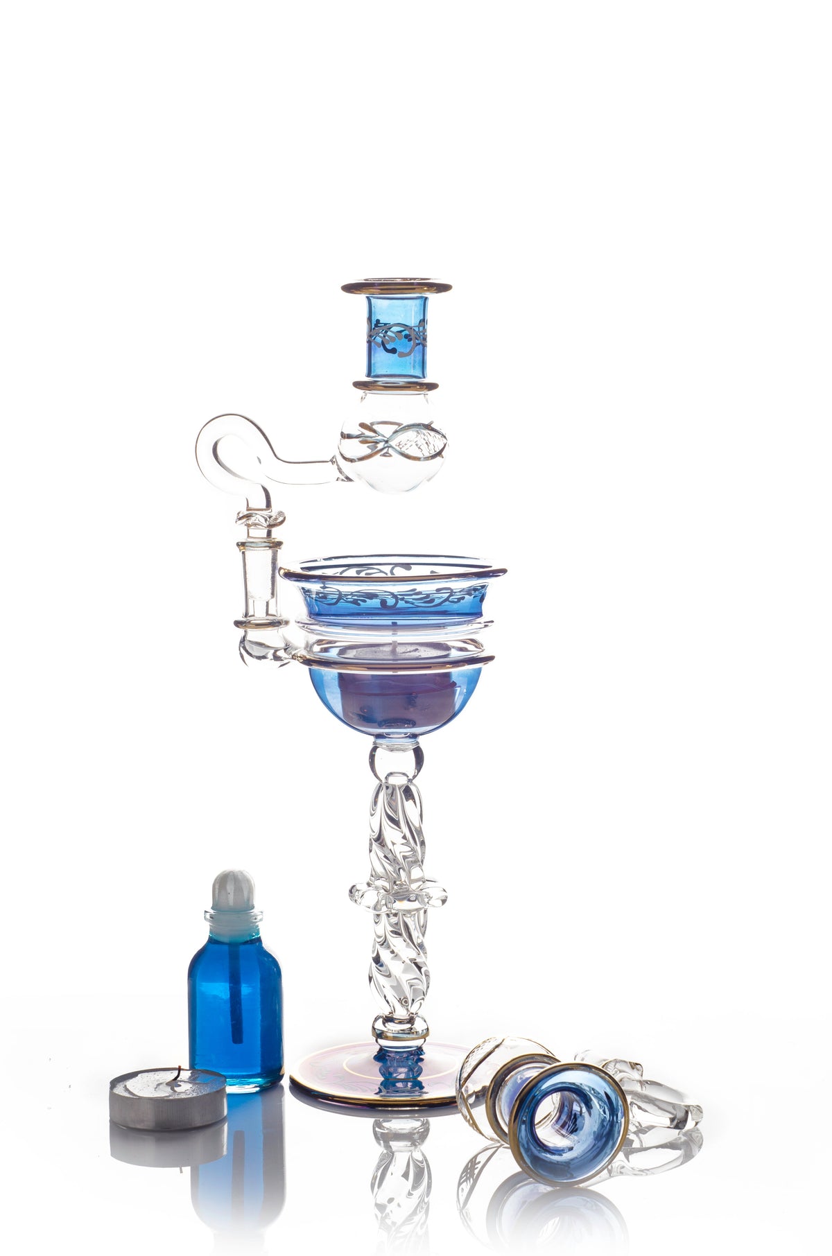 Egyptian Glass Oil Burner — Abeer · Stemmed Aroma Lamp with Dropper Arm, 24 cm (Model 157)