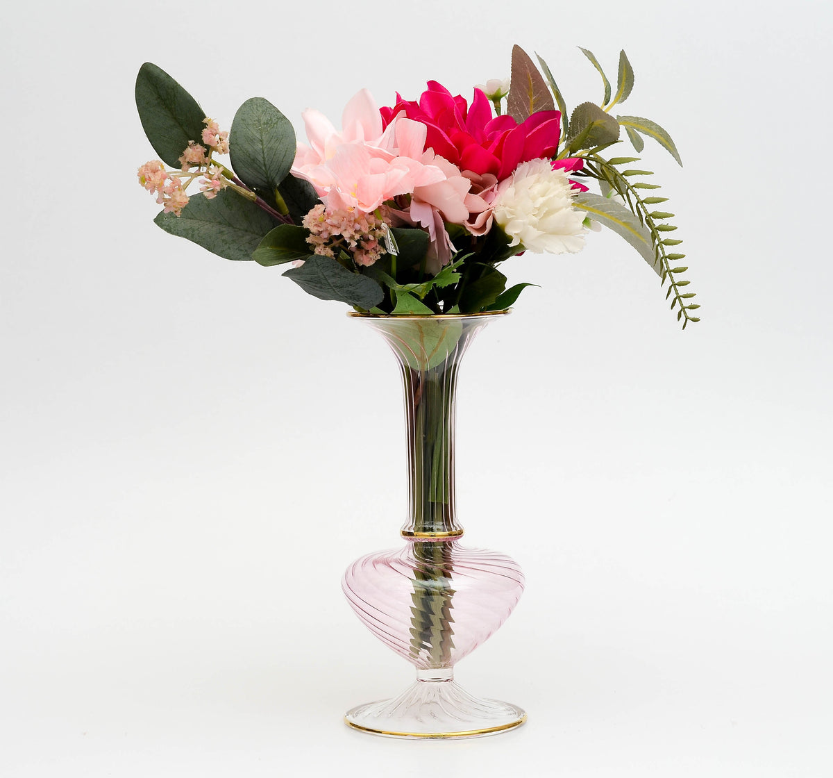 Qawam ribbed hourglass glass vase on round foot with flowers, model 193