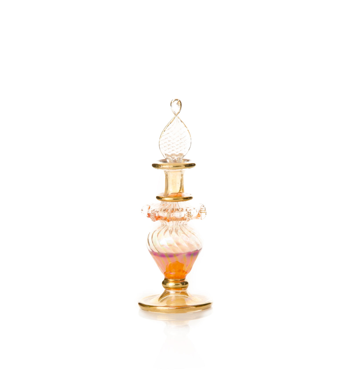 Nefertari amber-swirl hand-blown Egyptian glass perfume bottle with 24K gold detail and flame stopper, Model 01, made in Cairo