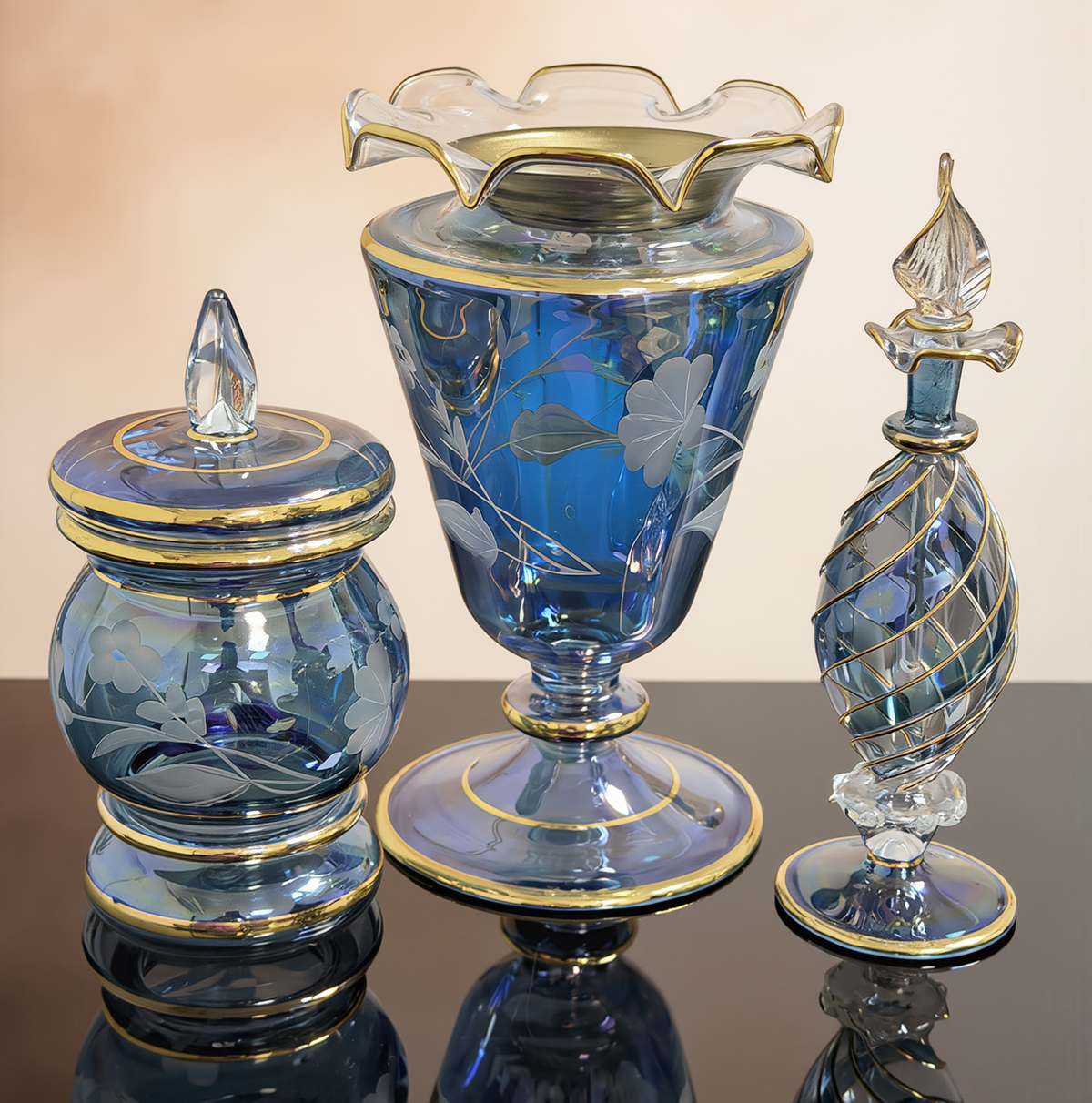 Blue etched bakhoor gift set (Set 11, blue colourway) — hand-blown Egyptian glass with 24K gold, lifestyle view