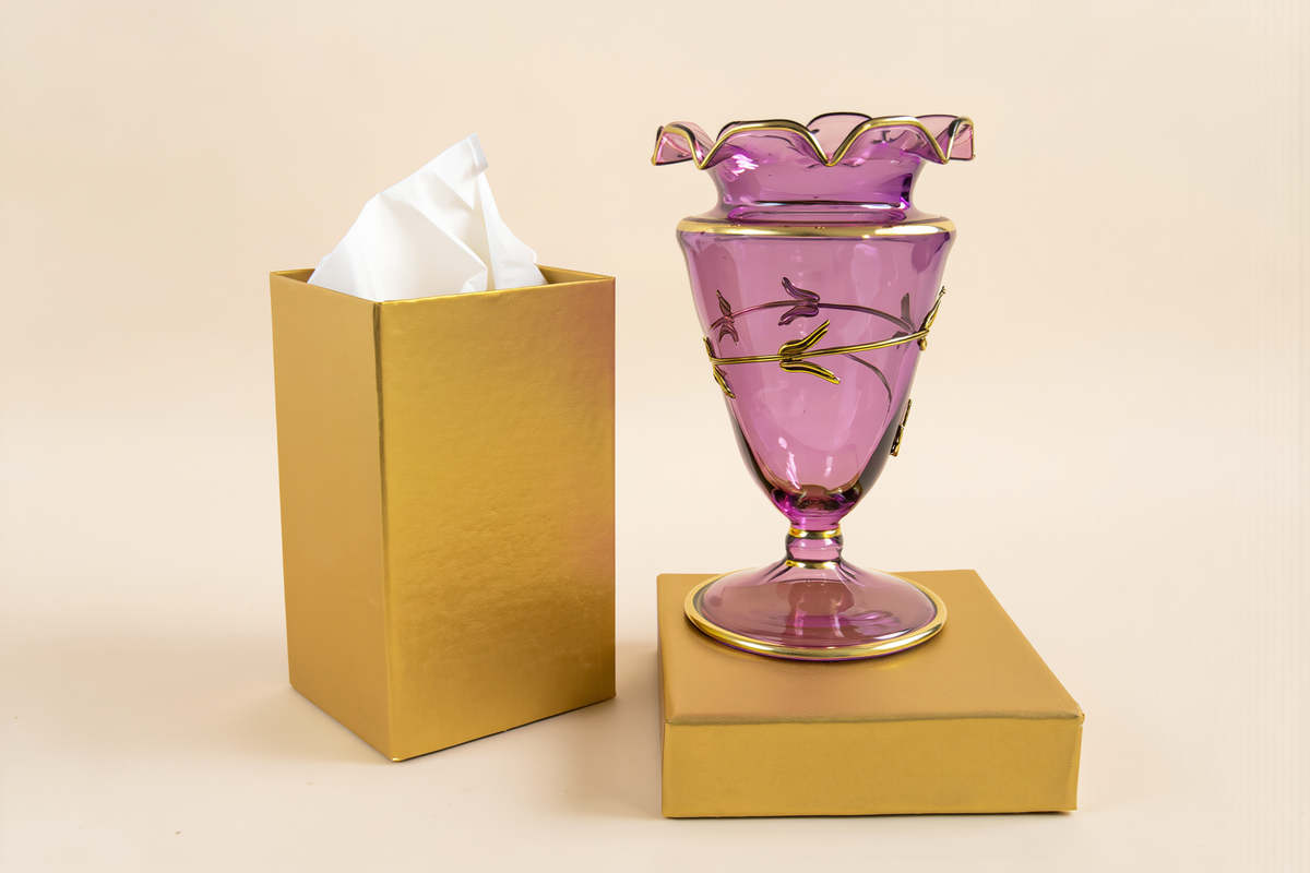 Hand-blown Egyptian glass mabkhara beside a plain gold gift box — box available on request, $1 per mabkhara
