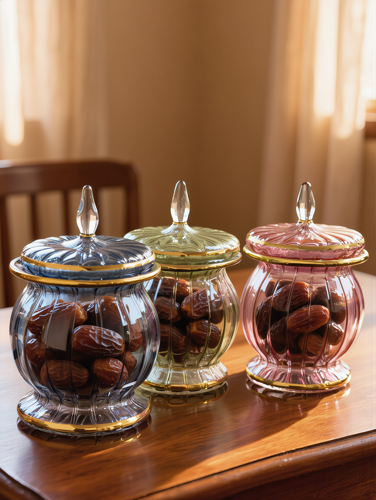 Egyptian Glass Gold-Rimmed Candy Jar — Rose Pink, Teardrop Finial (Model 142)