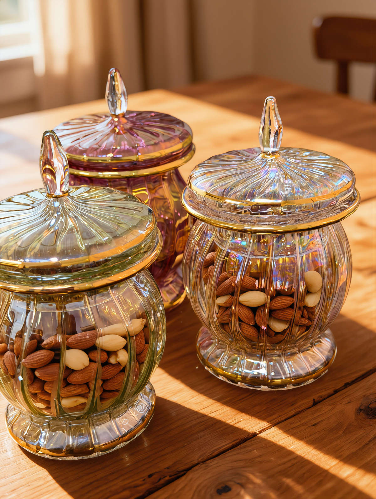 Egyptian Glass Gold-Rimmed Candy Jar — Rose Pink, Teardrop Finial (Model 142)
