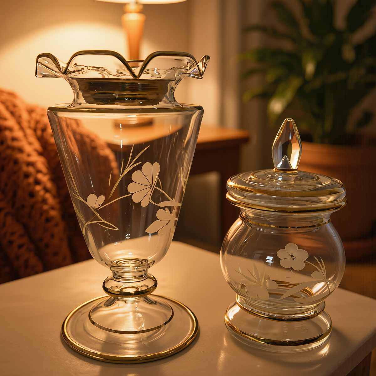 Etched glass bakhoor set on a majlis table