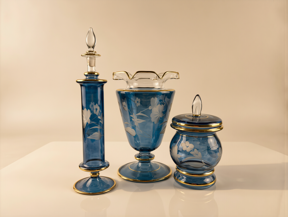 Etched Mabkhara Set — Mabkhara, Perfume Bottle & Bakhoor Jar, Rose or Blue (Set 11)