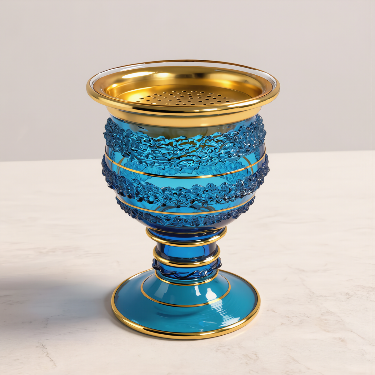 Egyptian Glass Mabkhara — Thalj · Ice-Crackle Bands with Perforated Gold Tray (Model 155)