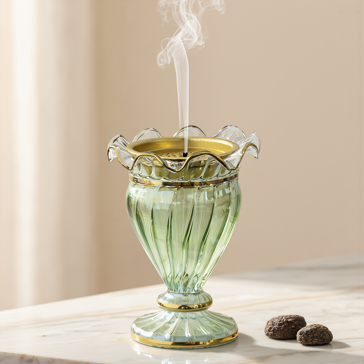 Egyptian Glass Mabkhara — Lahab · Flame Cup with Ruffled Gold Rim, 18 cm (Model 143)