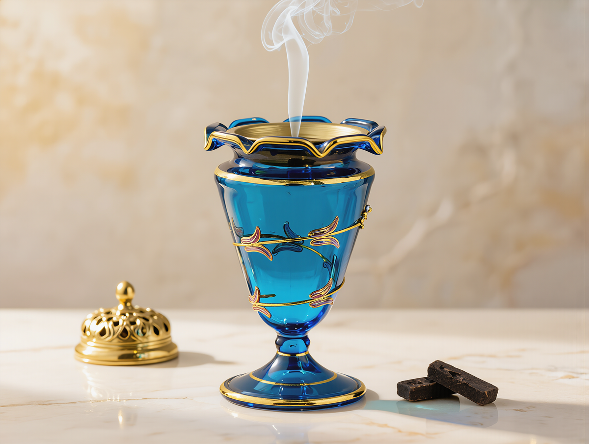 Cobalt blue footed glass mabkhara with ruffled gold rim and painted vine, bakhoor smoke rising, with a brass dome lid and oud chips beside it