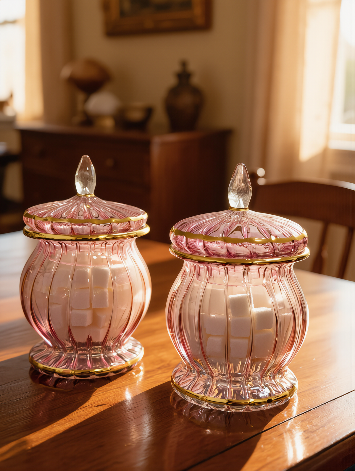 Rose pink gold-rimmed glass candy jar, Model 142 — view 9